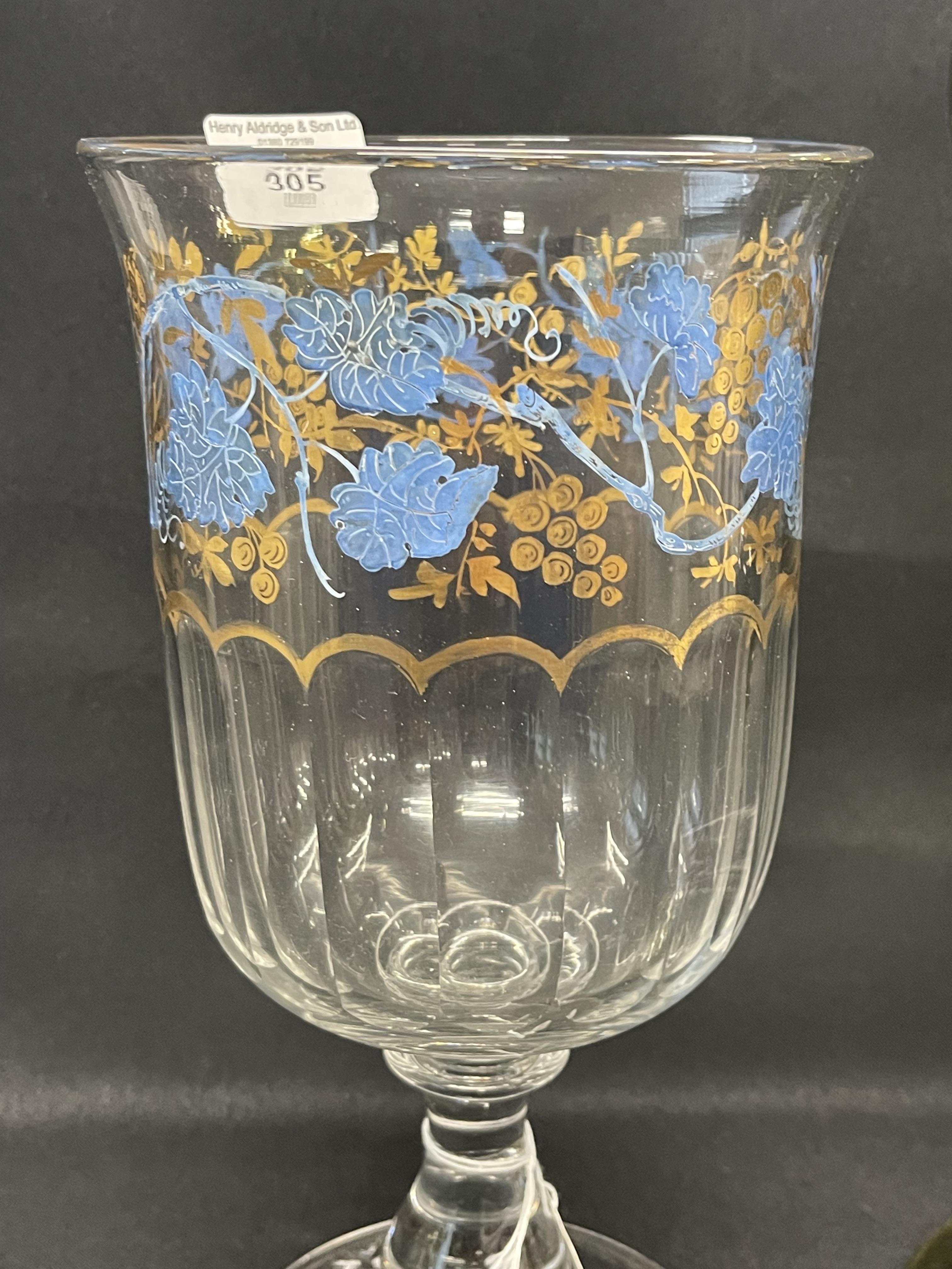 19th cent. Glass: Continental celery /large wine vase with blue enamel floral decoration, plus large - Image 2 of 3