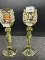 19th cent. Continental drinking glasses, possibly Moser, pale green stem and foot in twist, knop