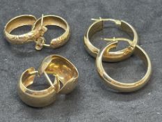 Jewellery: Yellow metal three pairs of hoop earrings, test as 9ct gold. Total weight 8.2g.