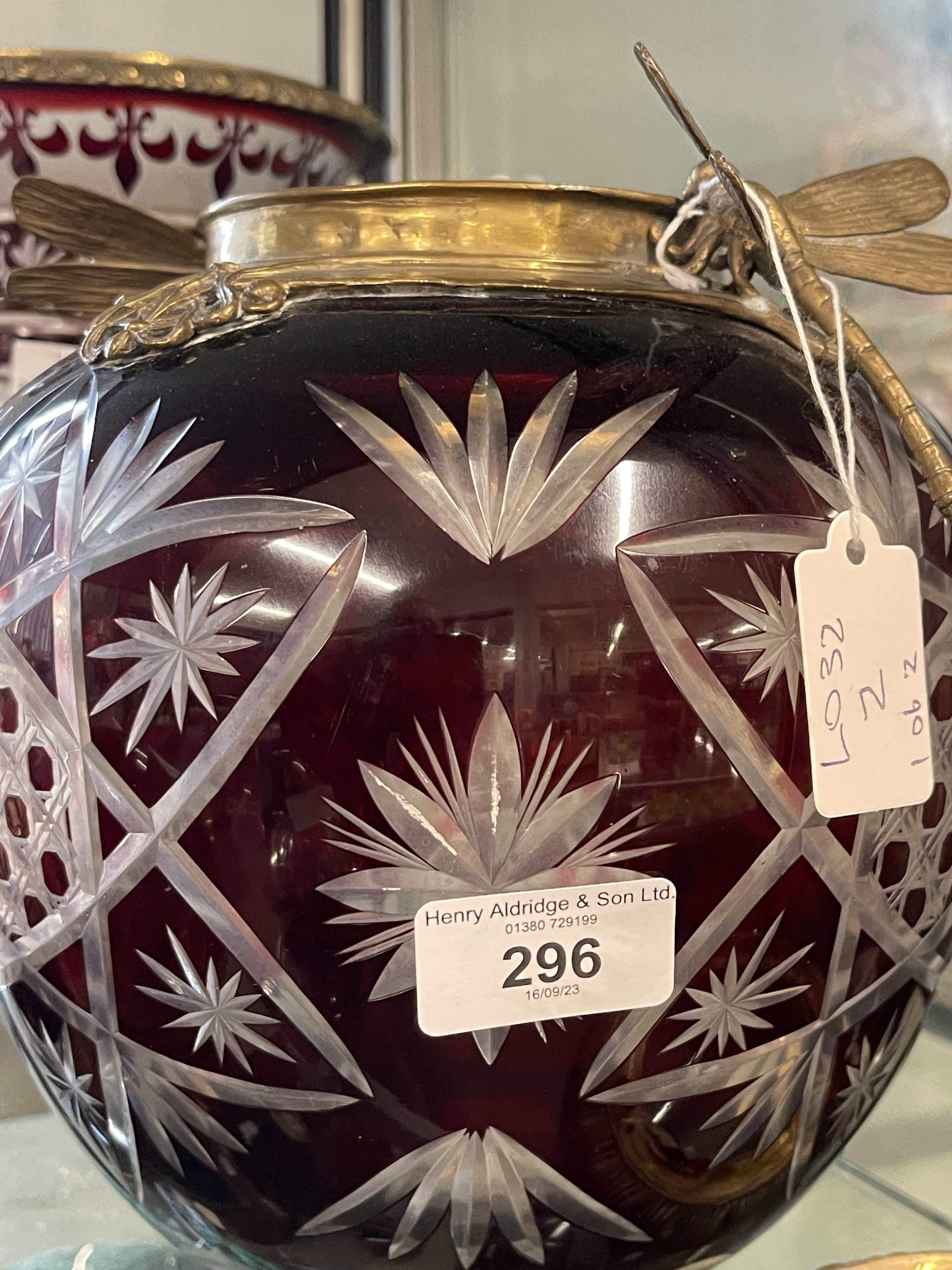 Art Glass: Late 19th cent. Red flash glass vase with star cut decoration, bronze base and collar - Image 2 of 3