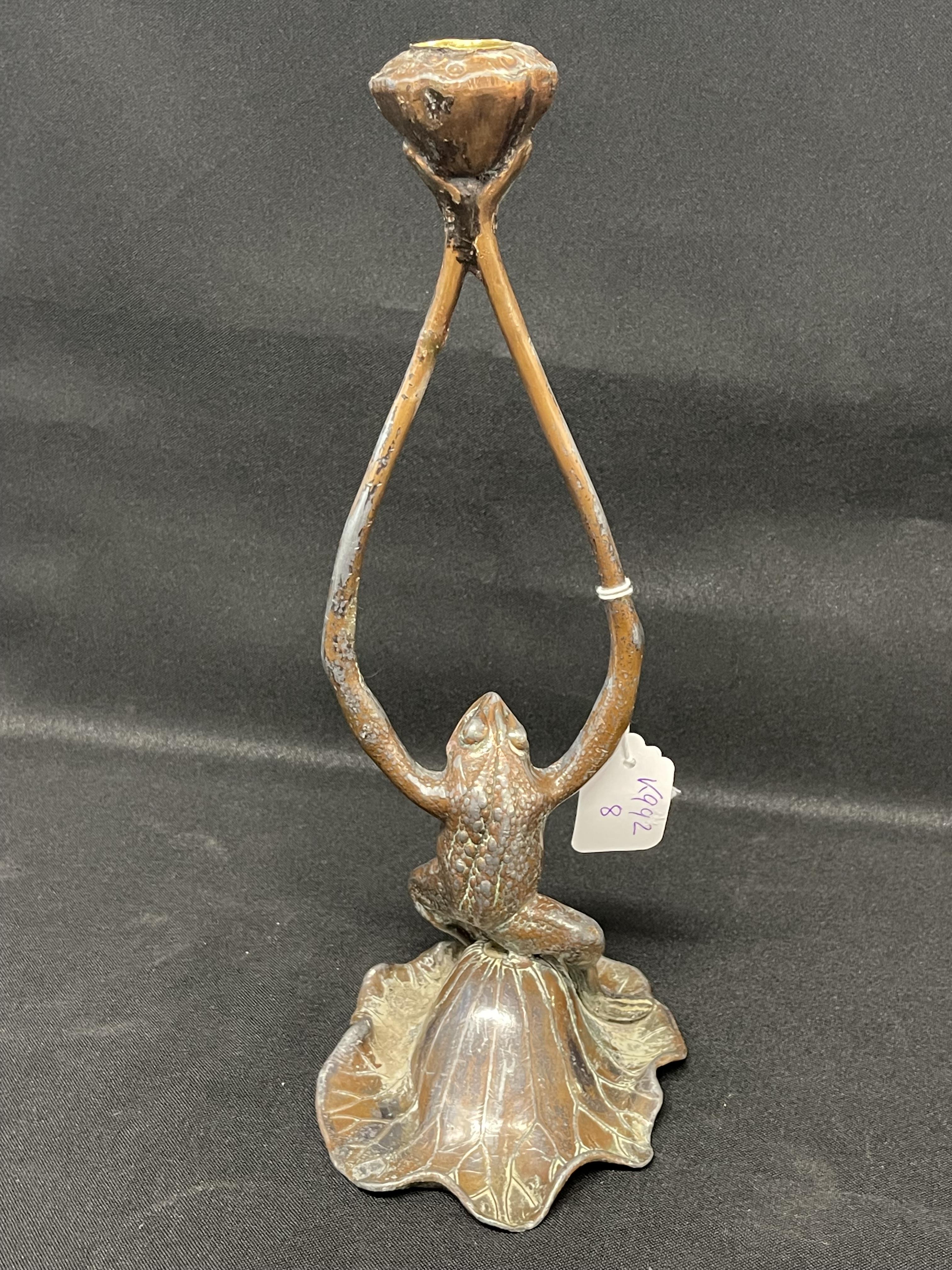 Art Nouveau made for Liberty c1900 bronzed Spelter candlestick depicting a frog seated on a lily pad - Image 4 of 4