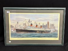 OCEAN LINER: Simon Fisher limited edition print 'The Queen Mary At New York' signed by legendary