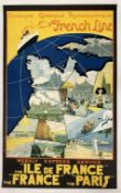 POSTERS/OCEAN LINER: Original travel poster French Line Ile de France by Leo Fontain The French Line