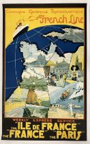 POSTERS/OCEAN LINER: Original travel poster French Line Ile de France by Leo Fontain The French Line