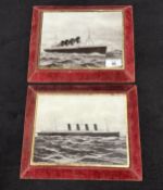 CUNARD LINE: R.M.S. Mauretania and R.M.S. Lusitania: Pair of glass and velvet reverse printed