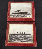CUNARD LINE: R.M.S. Mauretania and R.M.S. Lusitania: Pair of glass and velvet reverse printed