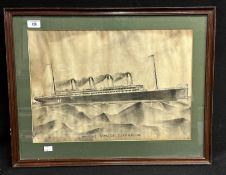 R.M.S. TITANIC: Original folk art naive pencil drawing circa 1912, in later frame. 25ins. x 19ins.