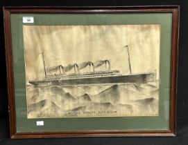 R.M.S. TITANIC: Original folk art naive pencil drawing circa 1912, in later frame. 25ins. x 19ins.