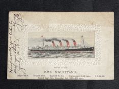 R.M.S. MAURETANIA: Unusual on board silk postcard, postally used Queenstown 1908.