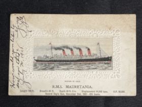 R.M.S. MAURETANIA: Unusual on board silk postcard, postally used Queenstown 1908.
