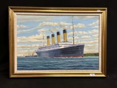 R.M.S. TITANIC: Simon Fisher 20th century English School, oil on canvas, 'Farewell England'