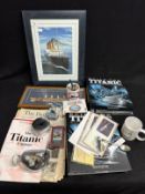 R.M.S. TITANIC: Collection of modern promotional novelty items including reproduction Daily Mirror.