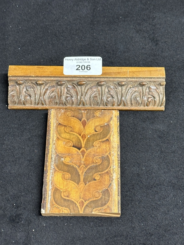 R.M.S. OLYMPIC: First-Class birch/satinwood carved/inlaid sections. 6ins. and 4ins. (2)