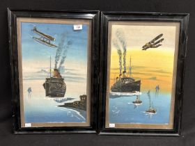 OCEAN LINER: 1920s/30s needlepoint/mixed media of R.M.S. Majestic and R.M.S. Mauretania with