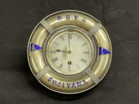MARITIME: A rare white metal mantel clock, 'RNYC FUJIYAMA' in blue enamel and two burgees