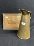 R.M.S. QUEEN MARY: Bas-relief souvenir showing the liner. 12ins. x 7ins. Plus a brass water jug by