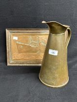 R.M.S. QUEEN MARY: Bas-relief souvenir showing the liner. 12ins. x 7ins. Plus a brass water jug by