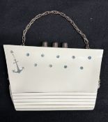 OCEAN LINER/ART DECO: Rare white clutch handbag taking the form of the S.S. Normandie with chromed