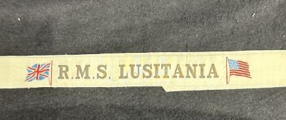 R.M.S. LUSITANIA: White Gala Night ribbon bearing Union Jack and Stars and Stripes.