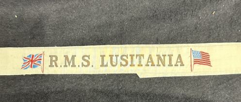 R.M.S. LUSITANIA: White Gala Night ribbon bearing Union Jack and Stars and Stripes.