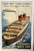 POSTERS/OCEAN LINER: Original cruise travel poster - Queen Mary Queen Elizabeth Fastest Ocean