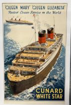 POSTERS/OCEAN LINER: Original cruise travel poster - Queen Mary Queen Elizabeth Fastest Ocean