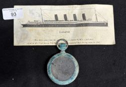 R.M.S. LUSITANIA: White metal watch case recovered from the wreck in 1982 with certificate of