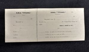 R.M.S. TITANIC: Rare typewriting charges receipt and stub. Ex-Onslows lot 103 18th May 1996.
