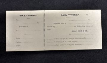 R.M.S. TITANIC: Rare typewriting charges receipt and stub. Ex-Onslows lot 103 18th May 1996.