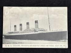 R.M.S. TITANIC: F.G.O. Stuart real photo postcard showing the ill fated liner with unusual mention