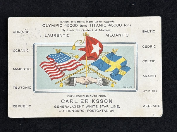 R.M.S. TITANIC: Rare Carl Eriksson Titanic and Olympic Hands Across The Sea advertising postcard,
