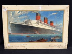 R.M.S. QUEEN MARY: Unusual William McDowell promotional poster cellulose on tin showing her with