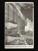 R.M.S. TITANIC: Unusual German postcard 'Lowering the Lifeboats' postally used 14 May 1912.