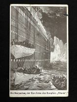 R.M.S. TITANIC: Unusual German postcard 'Lowering the Lifeboats' postally used 14 May 1912.