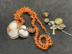 Jewellery: Includes Georgian memory brooch, two cameo brooches, gold plated locket and cross