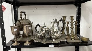Silver plated tea set with teapot, coffee pot, milk and sugar, plus two sets of condiments, on