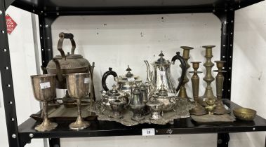 Silver plated tea set with teapot, coffee pot, milk and sugar, plus two sets of condiments, on