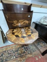 Small pedestal side table, dodecagon top with inlaid geometric design on a yew wood pedestal