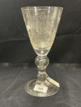 Glasses: Armorial large wine glass, hollow knop stem, tapering bowl engravd with a Coat of Arms,
