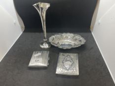 Silver: Bonbon dish, Chester; bud vase, Birmingham; hinged cigarette case, Birmingham. Plus cigaret