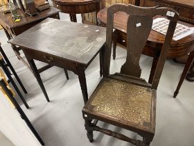 19th cent. Splat back hall chair with rattan seat plus 18th cent. Oak low table with drawer.