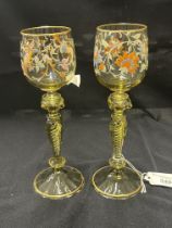 Glasses: Drinking glasses, possibly Moser, pale green stem and foot in twist, knop