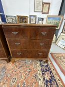 19th cent. Walnut veneered three drawer chest of drawers of small proportions on bracket supports. A