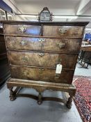 William and Mary/Queen Anne walnut two over three chest of drawers on stand, the drawers with