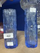 Art Glass: Whitefriars style bark vases in kingfisher blue, irregular shape, a pair. 6¾ins.