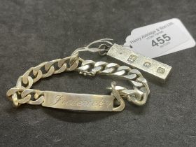 Hallmarked Silver Jewellery:Silver identity bracelet engraved front and back and a silver ingot.