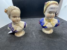 Carl Thieme busts, bourbon girl childen polychrome with gilt, blue crown and N to base. The other