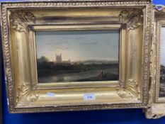 Oil on panel of church and river, Christies, King St, label on reverse with later label 'Suffolk