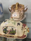 Mid 19th cent. Staffordshire cheese dish and cover. The cover is moulded as a bull's head with