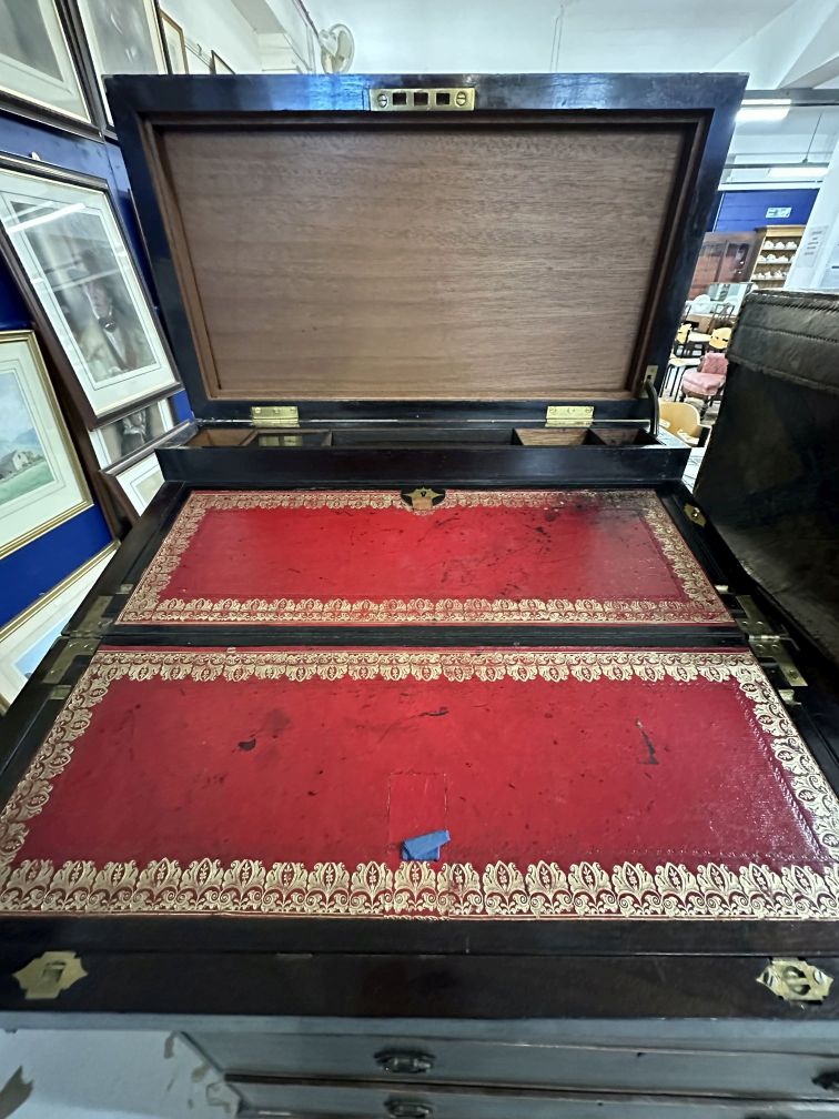 19th cent. Rosewood travelling writing box, ebonised and leather interior, secret drawers and - Image 3 of 3